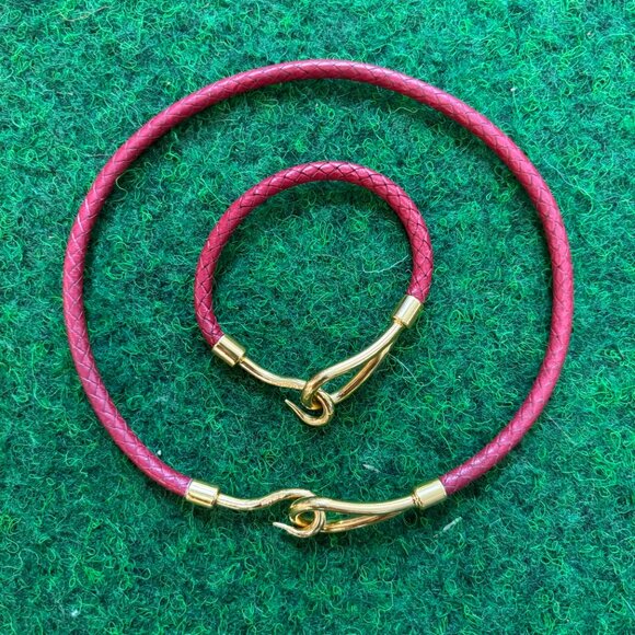 Hermes Woven Leather Choker and Bracelet Red and Gold - Picture 3 of 7